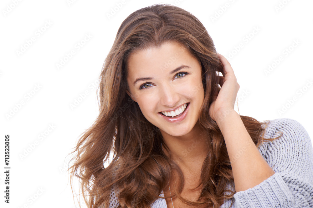 Hair, portrait and happy woman in studio for beauty, treatment or shampoo results on white background. Haircare, smile and female model with conditioner, shine or texture, growth and satisfaction Hair, portrait and happy woman in studio for beauty, treatment or shampoo results on white background. Haircare, smile and female model with conditioner, shine or texture, growth and satisfaction