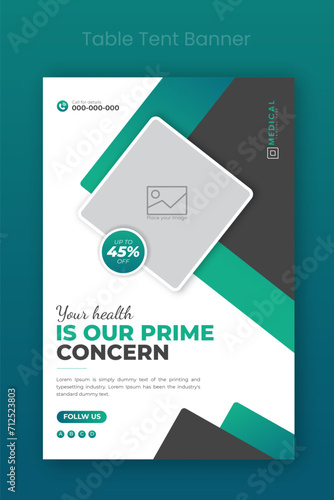 Medical healthcare table tent banner template. Display doctor service promotion on table, menu card for restaurant, billboard, rollup in abstract green color shapes