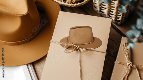 a beige mockup card with fathers hat on a table with fathers things