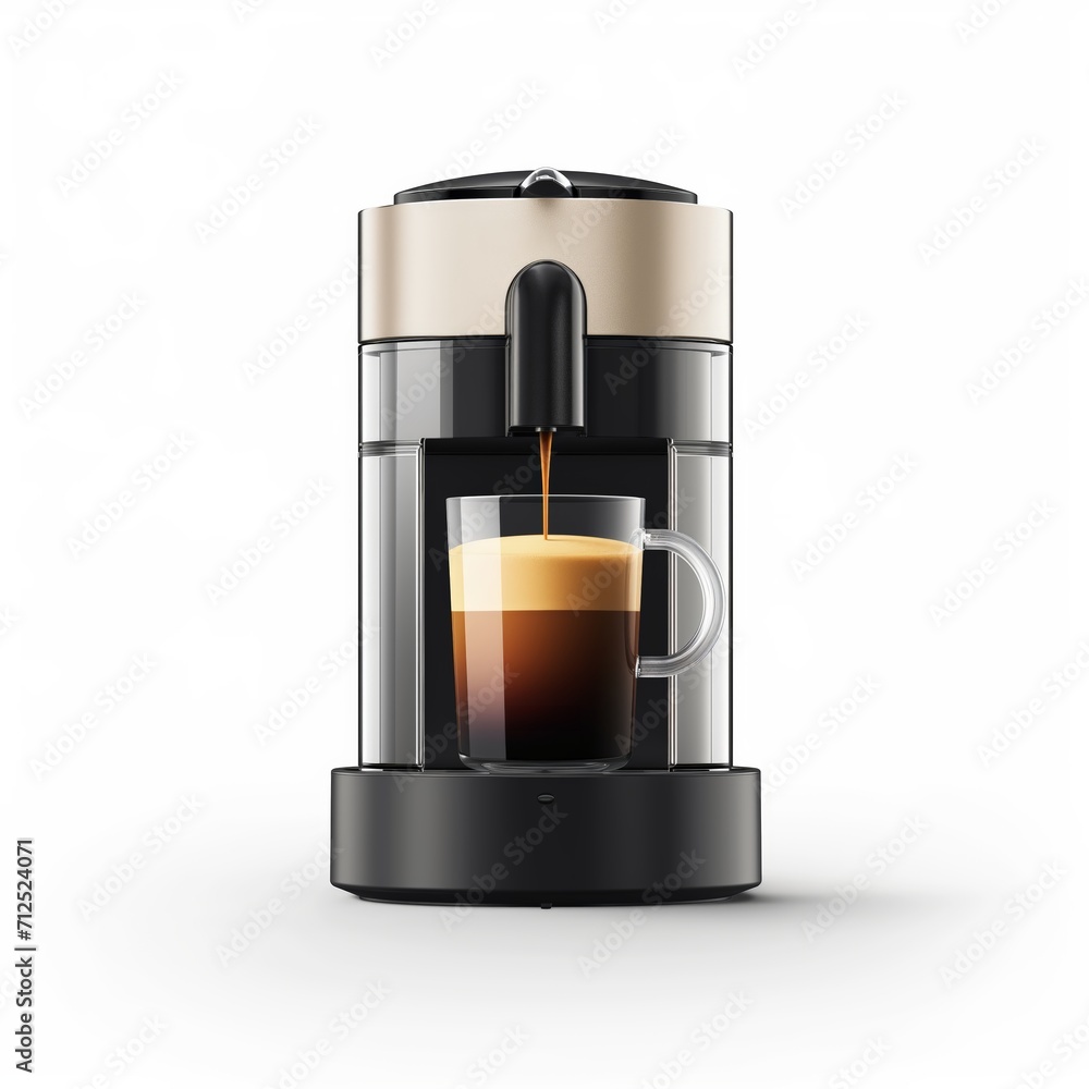 Coffee maker is pouring coffee into a cup. The coffee maker is made by a company Coffee maker is pouring coffee into a cup. The coffee maker is made by a company