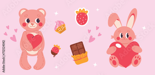 Cute set of stickers  for Valentines Day with bunny and bear. Stickers for website banner, Sale, Valentine card, cover, flyer or poster trendy vector illustration. Retro style, self love. 