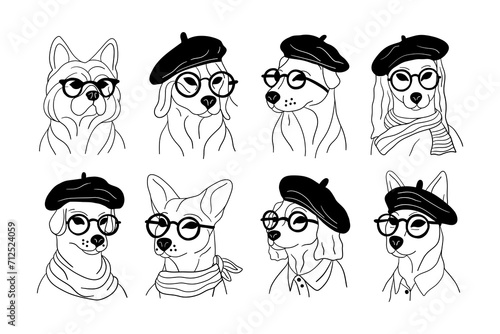 Portraits of dogs. Cute linear puppy characters of different breeds, happy pet animals minimalist style. Modern vector set
