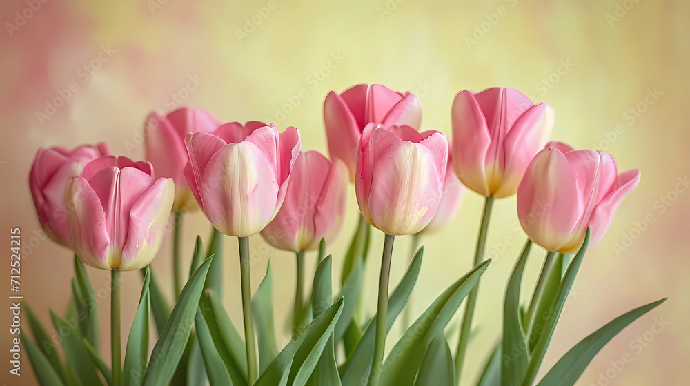 Beautiful pink tulips on soft yellow background Beautiful pink tulips on soft yellow background