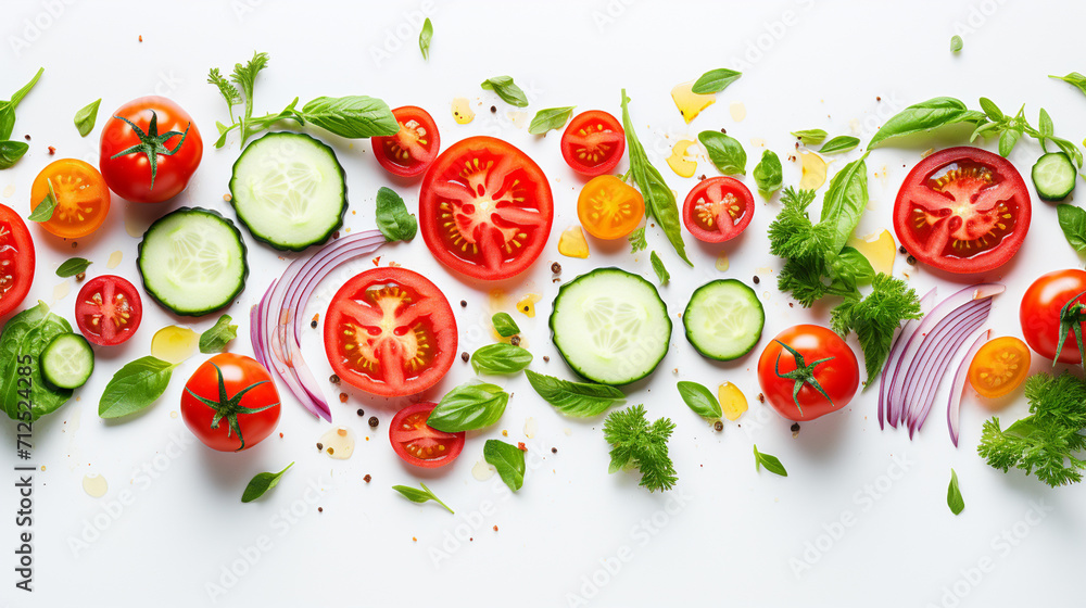 Creative layout made of sliced ​​tomato, red onion, cucumber, basil leaves. Flat lay, top view. Food concept. Vegetables isolated on white background. Food ingredient pattern. Banners. Generate AI - obrazy, fototapety, plakaty 