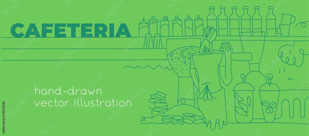 Naklejka premium Vector illustration of cafeteria with young female barista. Hand-drawn linear illustration of Coffeehouse interior with cookies, liquor bottles, coffee grinder. Сafe drawing.