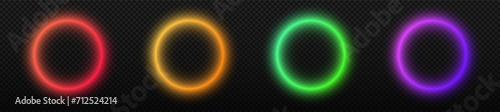 Neon circle glowing ring. Round transparent colored neon vector frame isolated on dark background