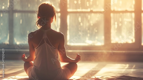A young woman practicing yoga in a sunlit room, symbolizing the peace and mindfulness often sought on a Sunday morning.