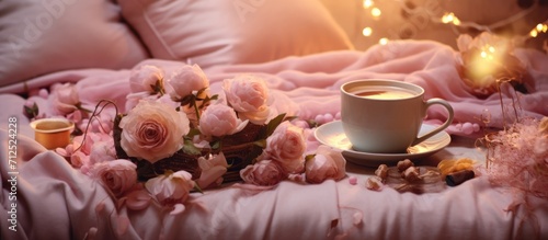 Coffee and flowers on a bed banner with fairy lights.