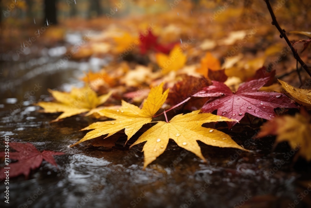 Autumn yellow red orange Leaves with Raindrops, Dew on Blue leaves Dark Wallpapers Autumn yellow red orange Leaves with Raindrops, Dew on Blue leaves Dark Wallpapers