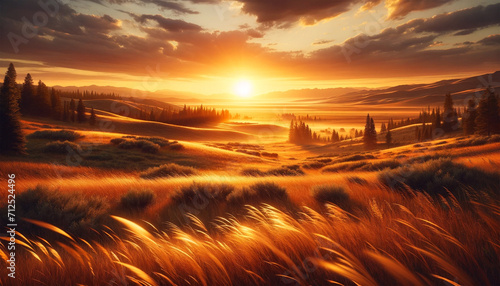golden sunset over a serene prairie landscape in a natural sunset environment