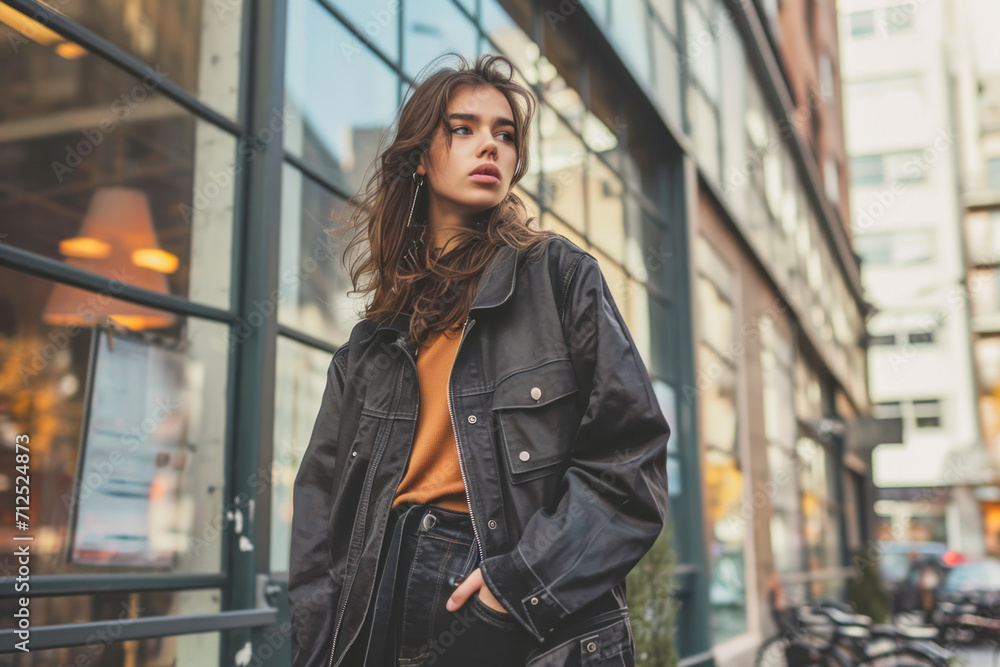 Jacket mockup in an urban setting, a trendy image showcasing a jacket worn by a woman model in a city environment. Jacket mockup in an urban setting, a trendy image showcasing a jacket worn by a woman model in a city environment.