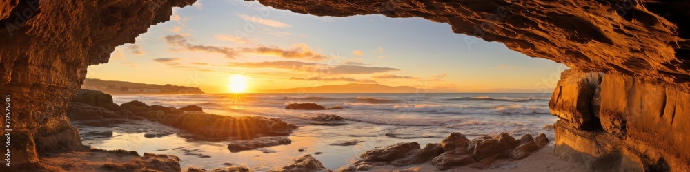 A coastal arch panorama at golden hour,  with warm sunlight illuminating the natural stone formation