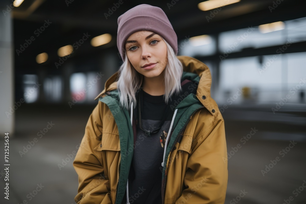 young beautiful hipster girl in yellow coat and hat posing in the city