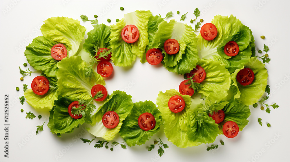 Creative layout made of tomato slices and lettuce salad leaves. Flat lay, top view. Food concept. Vegetables isolated on white background. Food ingredients pattern. Generate AI - obrazy, fototapety, plakaty 