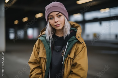 young beautiful hipster girl in yellow coat and hat posing in the city