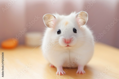 White hamster on a wooden table, close-up, selective focus