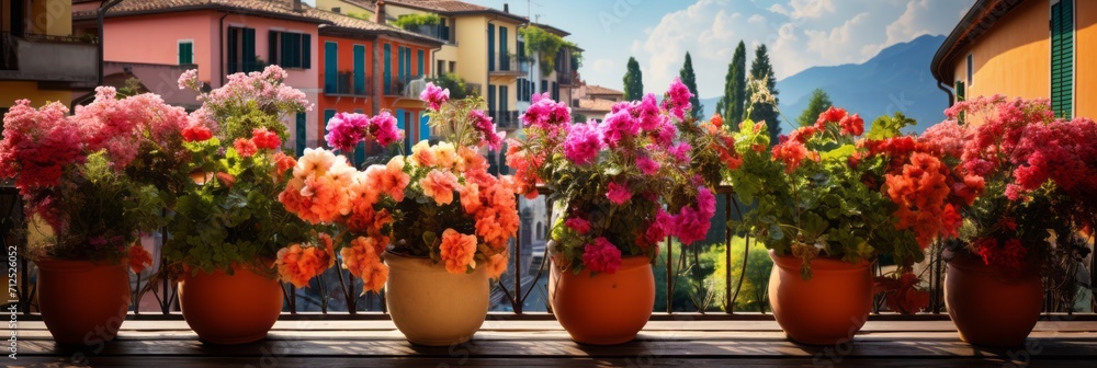 Colorful different flowers in pots on balcony or terrace, bright balcony with flowers, banner