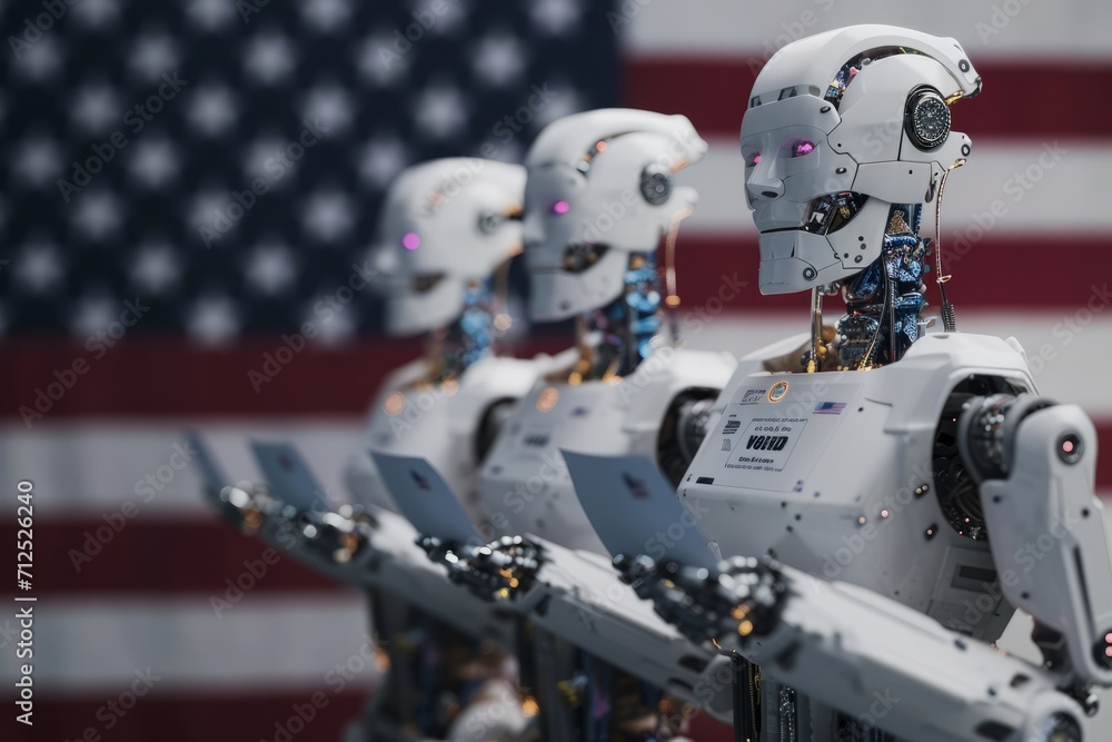 Fototapeta premium Line of robots with ballot papers in their hands vote in the presidential election or robots take the oath of office against the backdrop of the American flag