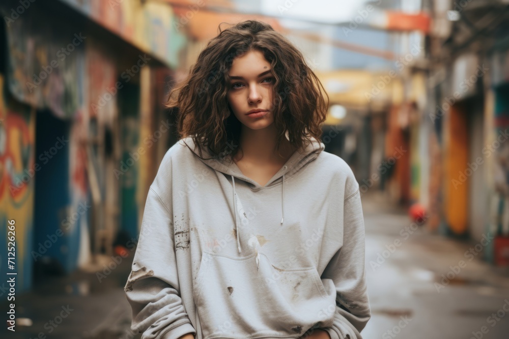 Portrait of a beautiful young woman with curly hair in the city.