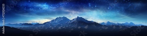 A majestic mountain panorama at twilight, with the sky transitioning to a sea of stars