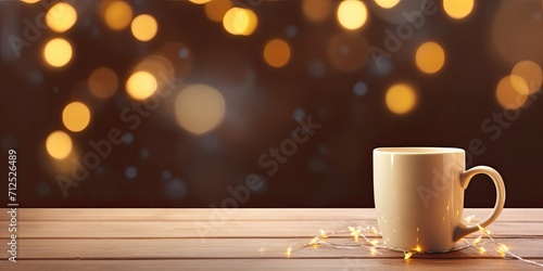 A big cup on a wooden sill adorned with holiday lights.