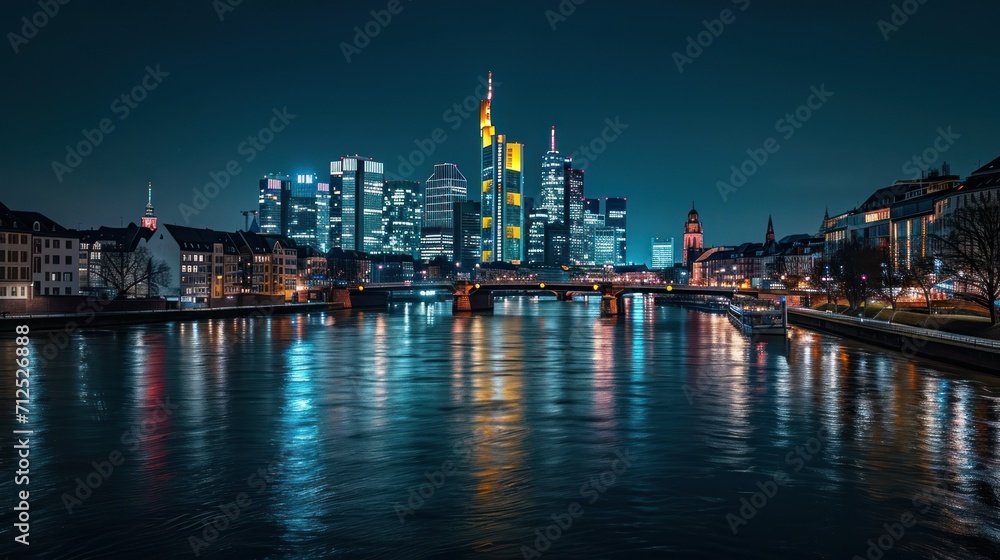 Nighttime cityscape with illuminated buildings mirrored in calm water.