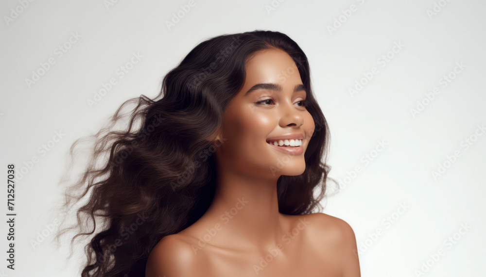 Radiant Beauty: Happy African American Woman's Portrait with Attractive Features - Banner of Natural Elegance, Joyful Lifestyle, and Fashionable Afro-Curly Hairstyle - obrazy, fototapety, plakaty 