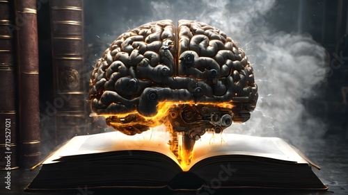The mechanical human brain glows and lies on a book in the dark library. Thirst for knowledge and information	 photo