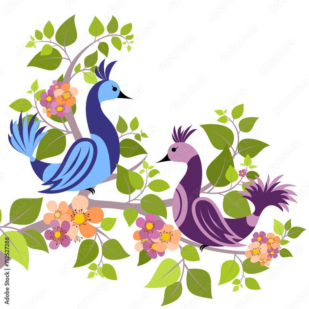 Obraz premium Abstract decorative illustration of two birds sitting on a tree branch with leaves and flowers on a white background.