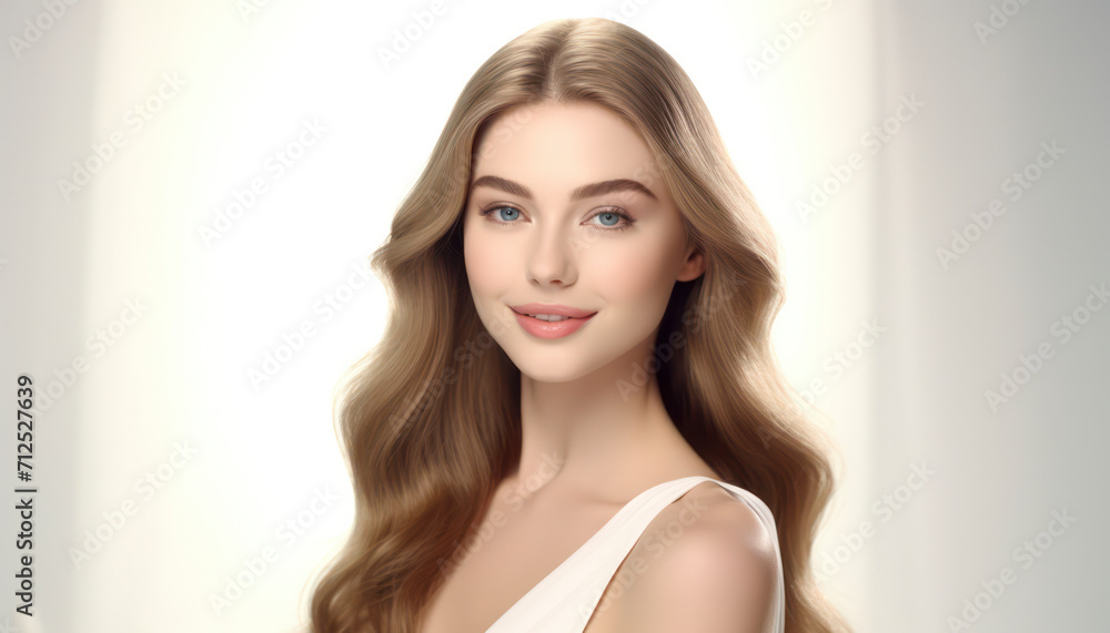 Radiant Beauty: Young Woman's Closeup Portrait - Perfect Skin, Healthy Hair, and Attractive Features - Banner of Natural Wellness, Cosmetology, and Fashionable Elegance Radiant Beauty: Young Woman's Closeup Portrait - Perfect Skin, Healthy Hair, and Attractive Features - Banner of Natural Wellness, Cosmetology, and Fashionable Elegance