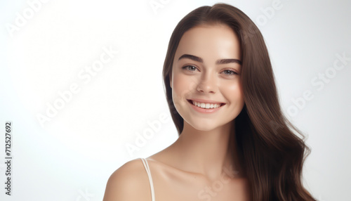 Radiant Beauty: Young Woman's Closeup Portrait - Perfect Skin, Healthy Hair, and Attractive Features - Banner of Natural Wellness, Cosmetology, and Fashionable Elegance