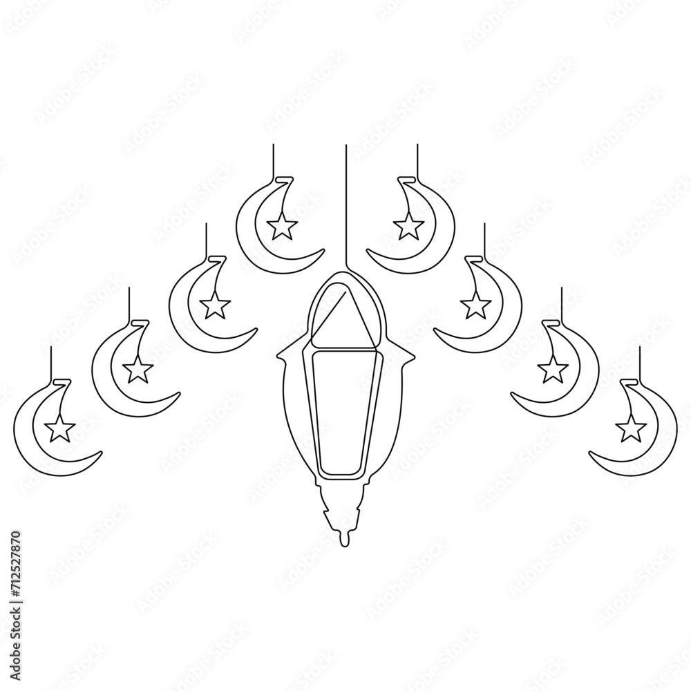 Obraz premium Continuous one line art drawing of Ramadan kareem with lantern and star, moon outline art vector