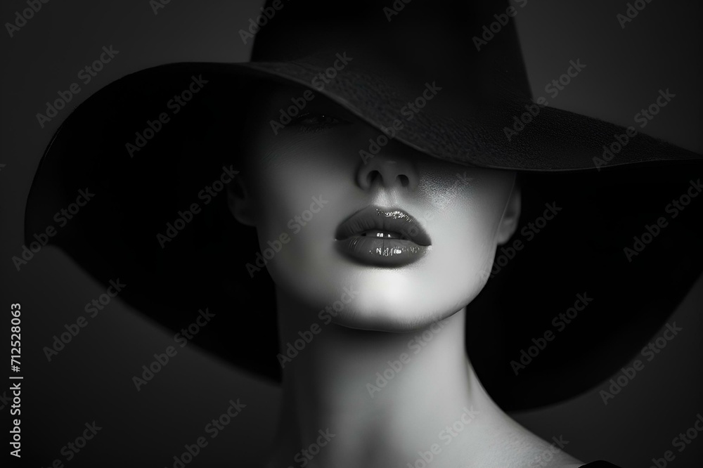 a woman with a hat and lips in black and white a woman with a hat and lips in black and white