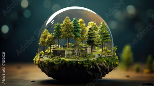 Glass globe with forest inside. Green planet, environmental conservation concept