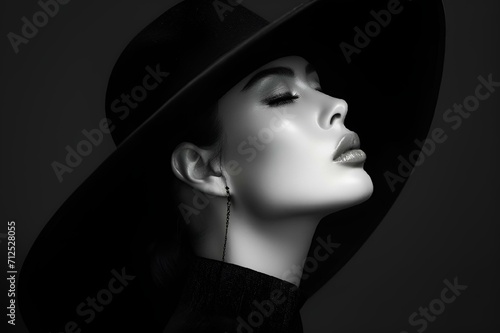 AI-generated illustration of grayscale of a woman donning a stylish black hat and scarf