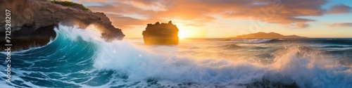 A coastal arch panorama at sunrise, with waves breaking against the natural stone formation