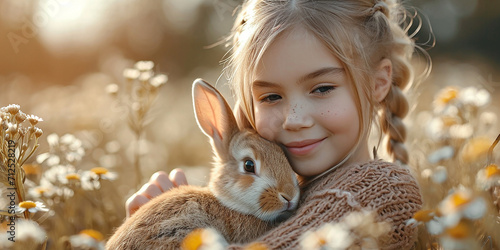 Lovely girl with companion animal, bunny rabbit, cat, dog. Generative AI © unikyluckk