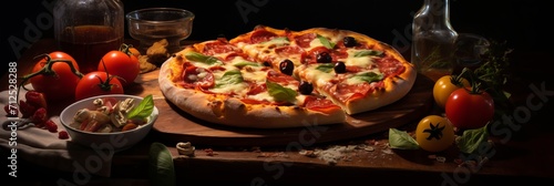 Sicilian pizza close-up, delicious fresh pizza on a wooden table, banner