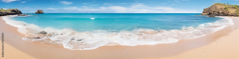 A panoramic shot capturing the beauty of a secluded beach with turquoise waters and golden sand A panoramic shot capturing the beauty of a secluded beach with turquoise waters and golden sand