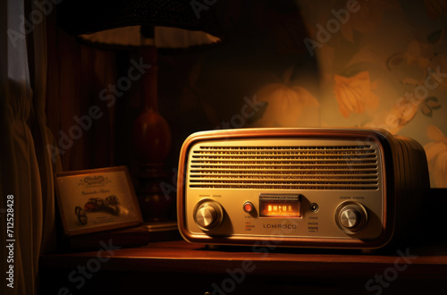 The FM channel is playing music, a stylish retro radio player stands on a wooden table. stylish kitchen in the village, daylight from the window. copy space