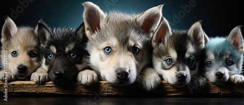 Puppies on a dark background. Dogs in the studio. cute pets