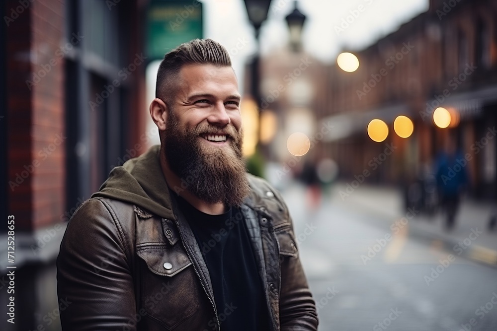 Handsome bearded hipster man with long beard in the city