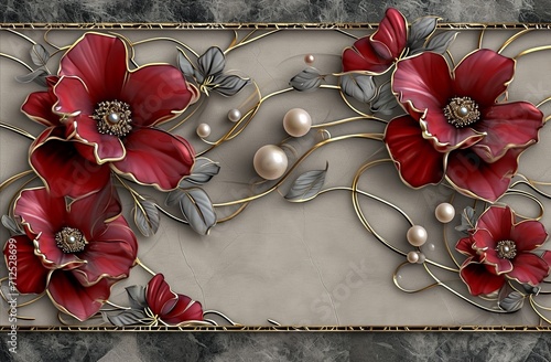 a wall featuring red flowers and flowers with pearls, in the style of 8k 3d, graceful lines, dark beige and gray, gemstone, 32k uhd, decorative borders.