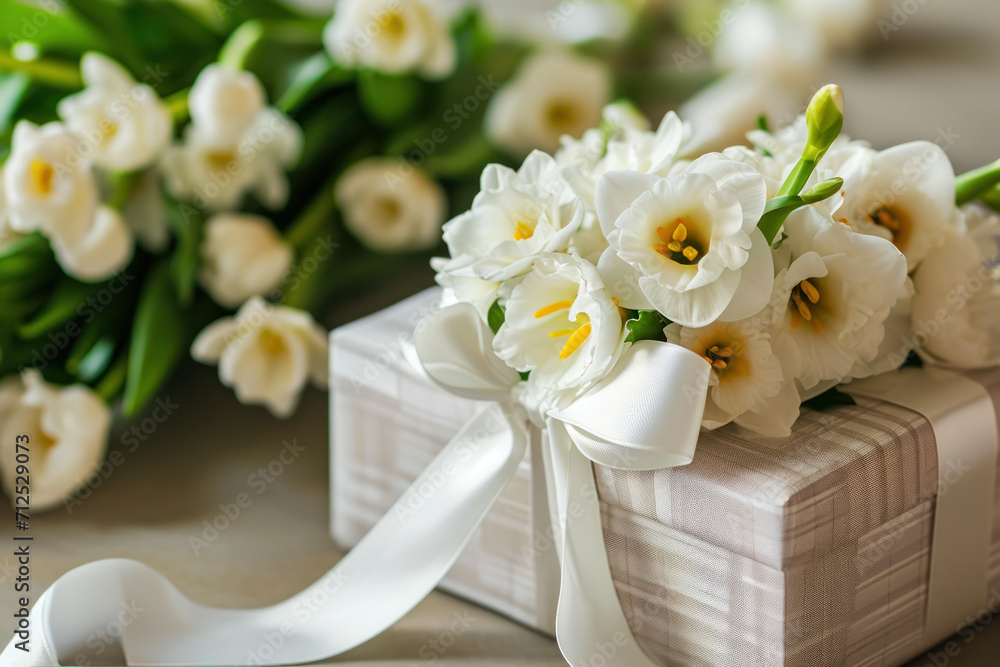 Painted with flowers spring gift box in green and white colors Painted with flowers spring gift box in green and white colors