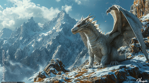 Fantasy white dragon stands on the top of the mountain.