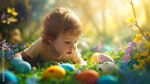 A curious toddler exploring a fantasy with an Easter theme that is full of magical surprises