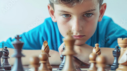 A boy of 10 years old thinking about a game of chess on a white background, children's chess league photo