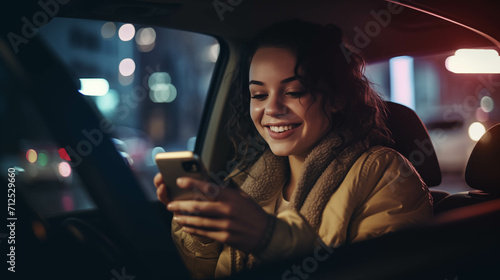 Caucasian woman playing mobile phone in car. © S photographer