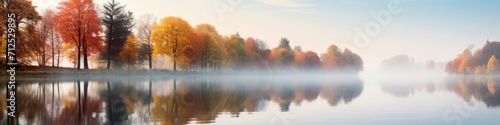 A tranquil riverside panorama during a misty autumn morning, with colorful trees reflected in the water