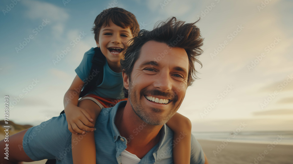 Caucasian boy riding on the back of his father at the beach. Caucasian boy riding on the back of his father at the beach.